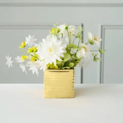 2 Pack | 5" Brush Textured Ceramic Square Flower Plant Box, Cube Shaped Planter Pots -Home Decor Promotional Store PLNT CERM 005 M GOLD D04