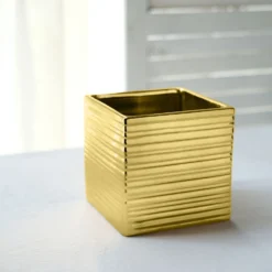 2 Pack | 5" Brush Textured Ceramic Square Flower Plant Box, Cube Shaped Planter Pots -Home Decor Promotional Store PLNT CERM 005 M GOLD D05