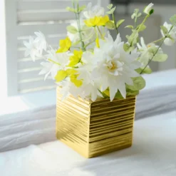 2 Pack | 5" Brush Textured Ceramic Square Flower Plant Box, Cube Shaped Planter Pots -Home Decor Promotional Store PLNT CERM 005 M GOLD 02