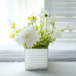 2 Pack | 5" Brush Textured Ceramic Square Flower Plant Box, Cube Shaped Planter Pots -Home Decor Promotional Store PLNT CERM 005 M SILV D06