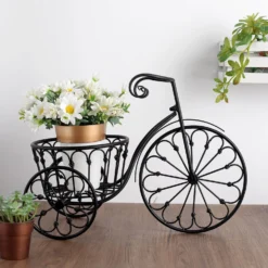 22" Black Metal Tricycle Planter Basket, Decorative Plant Stand For Indoor/Outdoor