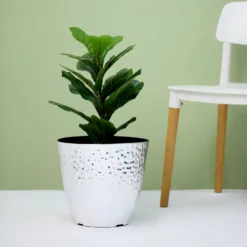 11" Hammered Design Large Indoor Flower Plant Pot, Decorative Greenery Planter -Home Decor Promotional Store PLNT PLST 002 L SILV D03