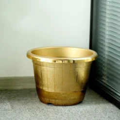 14" Shiny Finished Rim Large Barrel Planter Pot, Indoor/Outdoor Decorative Flower Pot -Home Decor Promotional Store PLNT PLST 003 L GOLD D01