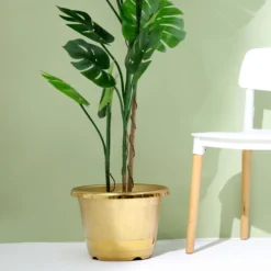 14" Shiny Finished Rim Large Barrel Planter Pot, Indoor/Outdoor Decorative Flower Pot -Home Decor Promotional Store PLNT PLST 003 L GOLD D02