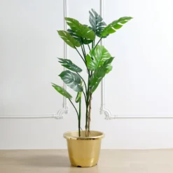 14" Shiny Finished Rim Large Barrel Planter Pot, Indoor/Outdoor Decorative Flower Pot -Home Decor Promotional Store PLNT PLST 003 L GOLD D07