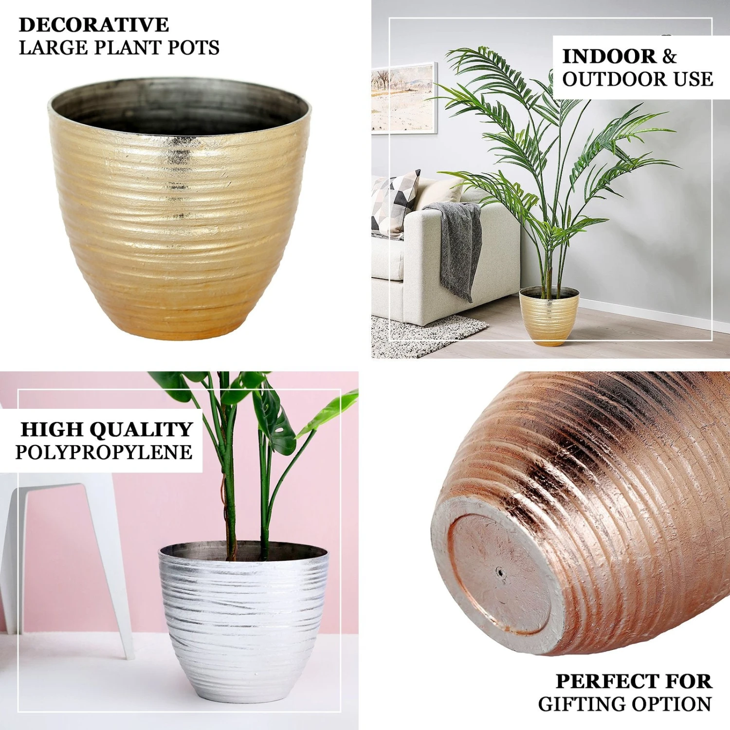 12" Metallic Textured Finish Large Indoor Flower Plant Pot, Decorative Indoor/Outdoor Planter 2 12" Metallic Textured Finish Large Indoor Flower Plant Pot, Decorative Indoor/Outdoor Planter - Image 2