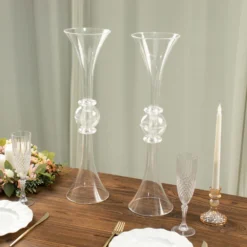 2 Pack | Clear Crystal Embellishment Trumpet Table Centerpiece, Reversible Plastic Flower Vase -Home Decor Promotional Store PLST VASE B01 20 CLR D06