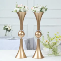 2 Pack | Gold Crystal Embellishment Trumpet Table Centerpiece, Reversible Plastic Flower Vase -Home Decor Promotional Store PLST VASE B01 20 GOLD D02