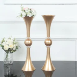 2 Pack | Gold Crystal Embellishment Trumpet Table Centerpiece, Reversible Plastic Flower Vase -Home Decor Promotional Store PLST VASE B01 20 GOLD D03