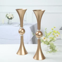 2 Pack | Gold Crystal Embellishment Trumpet Table Centerpiece, Reversible Plastic Flower Vase -Home Decor Promotional Store PLST VASE B01 20 GOLD D04