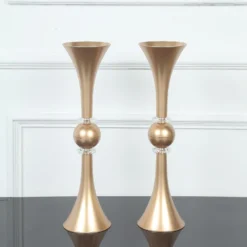 2 Pack | Gold Crystal Embellishment Trumpet Table Centerpiece, Reversible Plastic Flower Vase -Home Decor Promotional Store PLST VASE B01 20 GOLD D05