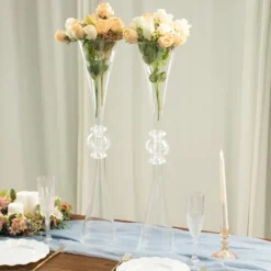 2 Pack | Clear Crystal Embellishment Trumpet Table Centerpiece, Reversible Plastic Flower Vase -Home Decor Promotional Store PLST VASE B01 26 CLR D03