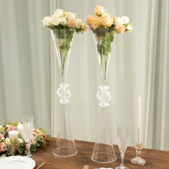 2 Pack | Clear Crystal Embellishment Trumpet Table Centerpiece, Reversible Plastic Flower Vase