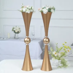 2 Pack | Gold Crystal Embellishment Trumpet Table Centerpiece, Reversible Plastic Flower Vase -Home Decor Promotional Store PLST VASE B01 26 GOLD D01