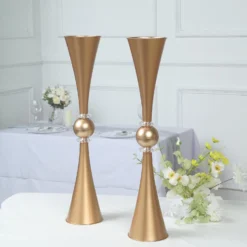 2 Pack | Gold Crystal Embellishment Trumpet Table Centerpiece, Reversible Plastic Flower Vase -Home Decor Promotional Store PLST VASE B01 26 GOLD D04