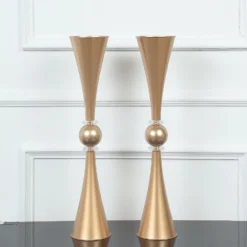 2 Pack | Gold Crystal Embellishment Trumpet Table Centerpiece, Reversible Plastic Flower Vase -Home Decor Promotional Store PLST VASE B01 26 GOLD D05
