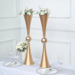2 Pack | Gold Crystal Embellishment Trumpet Table Centerpiece, Reversible Plastic Flower Vase -Home Decor Promotional Store PLST VASE B01 26 GOLD 02