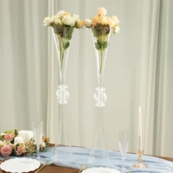 2 Pack | Clear Crystal Embellishment Trumpet Table Centerpiece, Reversible Plastic Flower Vase -Home Decor Promotional Store PLST VASE B01 30 CLR D03