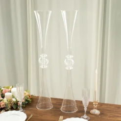 2 Pack | Clear Crystal Embellishment Trumpet Table Centerpiece, Reversible Plastic Flower Vase -Home Decor Promotional Store PLST VASE B01 30 CLR D06