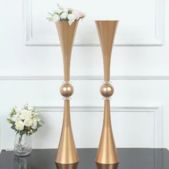 2 Pack | Gold Crystal Embellishment Trumpet Table Centerpiece, Reversible Plastic Flower Vase -Home Decor Promotional Store PLST VASE B01 30 GOLD D03