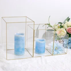 Set Of 3 | Clear Acrylic Pillar Candle Holders Flower Display Boxes With Gold Rims - 6",8",10" -Home Decor Promotional Store PLST VASE REC01 SET GOLD D02.progressive dc5967f6 1687 4101 8ba2 abb847aecb55