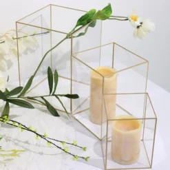 Set Of 3 | Clear Acrylic Pillar Candle Holders Flower Display Boxes With Gold Rims - 6",8",10" -Home Decor Promotional Store PLST VASE REC01 SET GOLD D03.progressive 49f6b276 14f3 4886 a4ef fef99a4153f7
