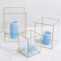 Set Of 3 | Clear Acrylic Pillar Candle Holders Flower Display Boxes With Gold Rims - 6",8",10"