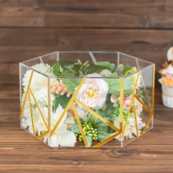 10"x5" Clear / Gold Acrylic Transparent Geometric Pedestal Riser Box, Hexagonal Cake Stand Display With Hollow Bottom -Home Decor Promotional Store PROP BOX 001H 10 CLGD D02