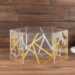 10"x5" Clear / Gold Acrylic Transparent Geometric Pedestal Riser Box, Hexagonal Cake Stand Display With Hollow Bottom -Home Decor Promotional Store PROP BOX 001H 10 CLGD D04
