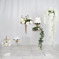 Set Of 5 - Acrylic Pedestal Risers Display Boxes With Interchangeable Lid And Base - 12", 16", 24", 32", 40" -Home Decor Promotional Store PROP BOX 001 SET CLR 01