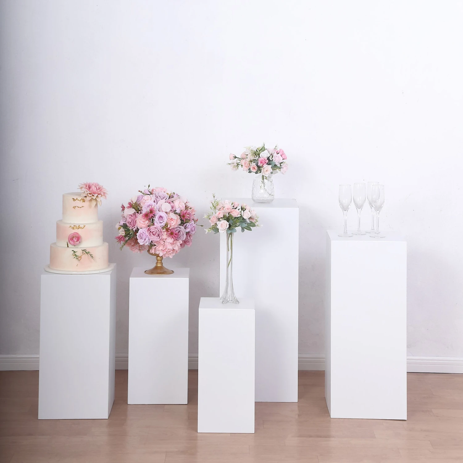 Set Of 5 White Metal Rectangular Prop Pedestal Stands For Aisle Decor, Plinth Pillar Display Boxes 1 Set Of 5 White Metal Rectangular Prop Pedestal Stands For Aisle Decor, Plinth Pillar Display Boxes