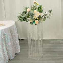 Heavy Duty Acrylic Flower Pedestal Vase With Hanging Crystal Beads, Clear Pillar Stand Floor Centerpieces With Pre-chained Garlands - 5mm Thick Plates -Home Decor Promotional Store PROP BOX 003B 32 CLR D01