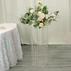 Heavy Duty Acrylic Flower Pedestal Vase With Hanging Crystal Beads, Clear Pillar Stand Floor Centerpieces With Pre-chained Garlands - 5mm Thick Plates -Home Decor Promotional Store PROP BOX 003B 32 CLR D01 ef36af98 e69b 4f52 91df e7003d1e8410
