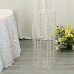 Heavy Duty Acrylic Flower Pedestal Vase With Hanging Crystal Beads, Clear Pillar Stand Floor Centerpieces With Pre-chained Garlands - 5mm Thick Plates -Home Decor Promotional Store PROP BOX 003B 32 CLR D02