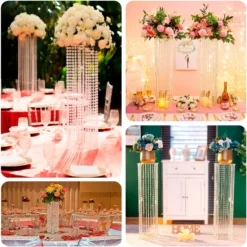 Heavy Duty Acrylic Flower Pedestal Vase With Hanging Crystal Beads, Clear Pillar Stand Floor Centerpieces With Pre-chained Garlands - 5mm Thick Plates -Home Decor Promotional Store PROP BOX 003B 32 CLR EBC2