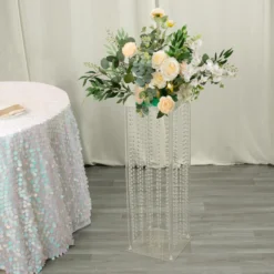 Heavy Duty Acrylic Flower Pedestal Vase With Hanging Crystal Beads, Clear Pillar Stand Floor Centerpieces With Pre-chained Garlands - 5mm Thick Plates -Home Decor Promotional Store PROP BOX 003B 32 CLR 01