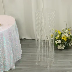 Heavy Duty Acrylic Flower Pedestal Vase With Hanging Crystal Beads, Clear Pillar Stand Floor Centerpieces With Pre-chained Garlands - 5mm Thick Plates -Home Decor Promotional Store PROP BOX 003B 40 CLR D02