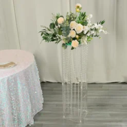 Heavy Duty Acrylic Flower Pedestal Vase With Hanging Crystal Beads, Clear Pillar Stand Floor Centerpieces With Pre-chained Garlands - 5mm Thick Plates -Home Decor Promotional Store PROP BOX 003B 40 CLR 02