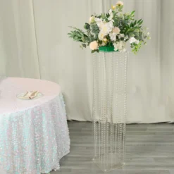 Heavy Duty Acrylic Flower Pedestal Vase With Hanging Crystal Beads, Clear Pillar Stand Floor Centerpieces With Pre-chained Garlands - 5mm Thick Plates -Home Decor Promotional Store PROP BOX 003B 48 CLR D01