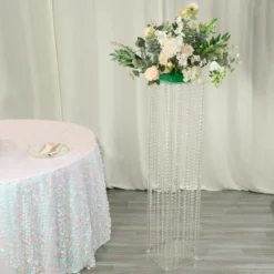 Heavy Duty Acrylic Flower Pedestal Vase With Hanging Crystal Beads, Clear Pillar Stand Floor Centerpieces With Pre-chained Garlands - 5mm Thick Plates -Home Decor Promotional Store PROP BOX 003B 48 CLR 01