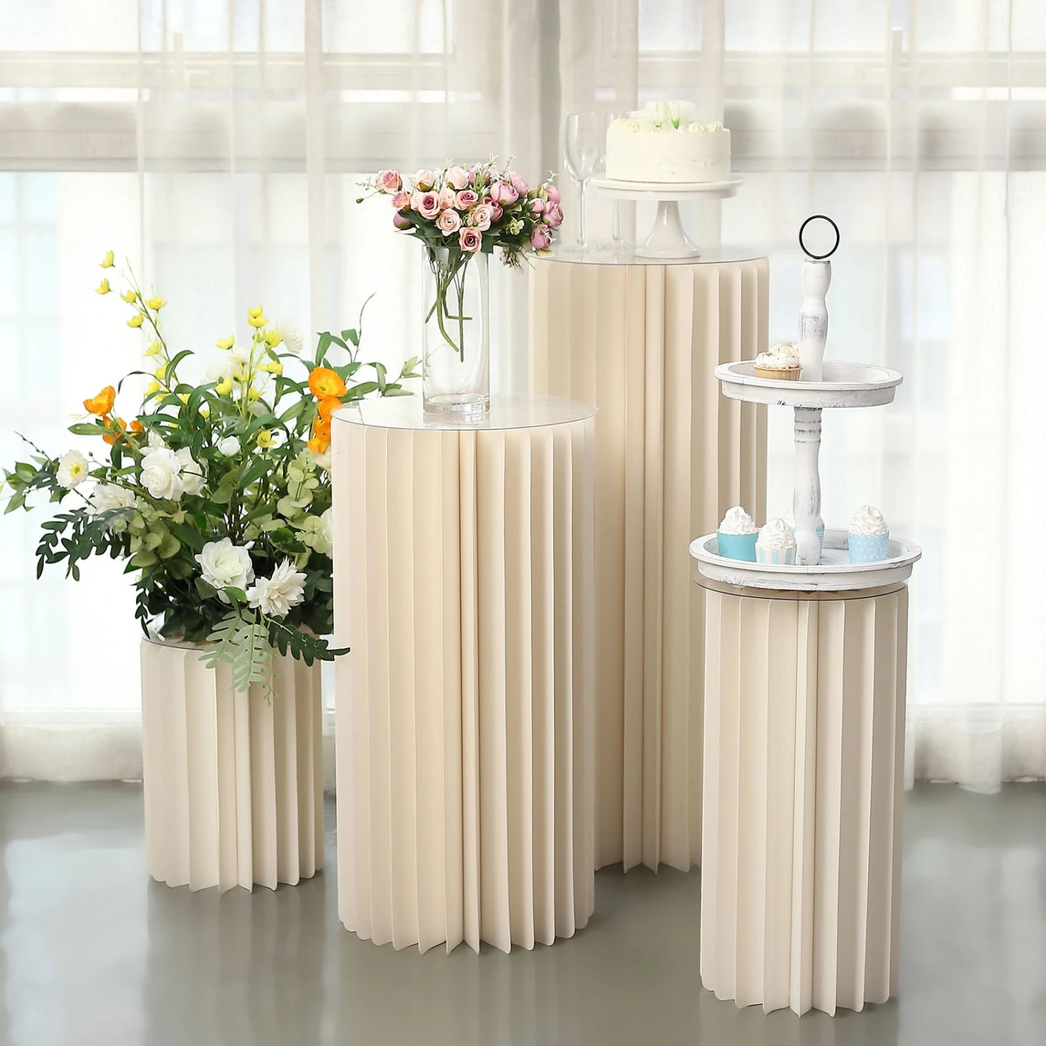 Ivory Cylinder Pillar Pedestal Stand, Display Column Stand With Top Plate 1 Ivory Cylinder Pillar Pedestal Stand, Display Column Stand With Top Plate