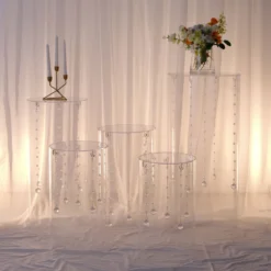 Set Of 5 | Clear Acrylic Cylinder Plinth Display Box Stands, Pillar Pedestal Props With Hanging Hooks