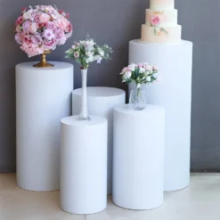 Set Of 5 | White Metal Cylinder Prop Pedestal Stands For Aisle, Round Plinth Pillar Display Boxes -Home Decor Promotional Store PROP BOX 006 SET MET D02