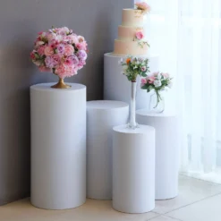 Set Of 5 | White Metal Cylinder Prop Pedestal Stands For Aisle, Round Plinth Pillar Display Boxes
