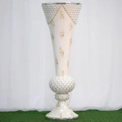 43" Large Pearls Embellished White Trumpet Vase With Mirror Mosaic Decoration -Home Decor Promotional Store PROP MAB001 SILV D01