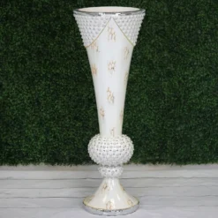 43" Large Pearls Embellished White Trumpet Vase With Mirror Mosaic Decoration