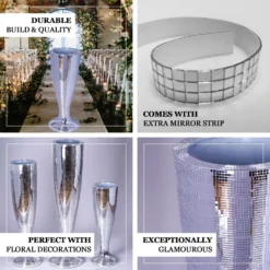 42" Tall Silver Polystone Mirror Mosaic Pedestal Trumpet Floor Vase