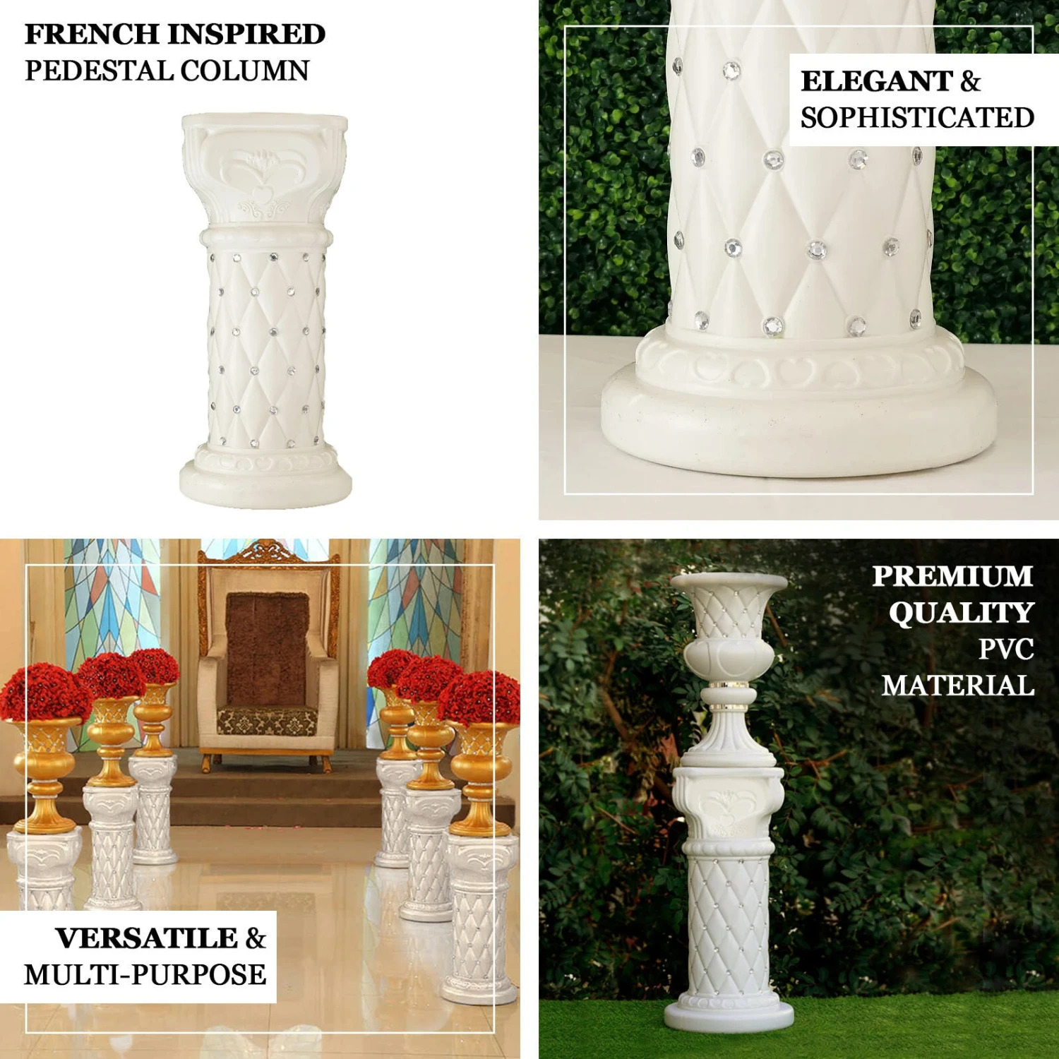 2 Pack | White Crystal Beaded Pedestal Stand | French Inspired Pillar With 10mm Crystal Studs - 25" Tall PVC 2 2 Pack | White Crystal Beaded Pedestal Stand | French Inspired Pillar With 10mm Crystal Studs - 25" Tall PVC - Image 2