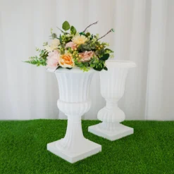2 Pack | 20" White Urn Planter, Floral Pedestal Flower Pot Plant Stand - PVC -Home Decor Promotional Store PROP ROMA 30 02