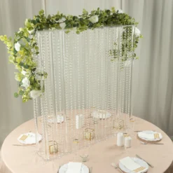 40"x40" Heavy Duty Acrylic Rectangular Centerpiece Stand With Pre-chained Hanging Crystal Beads, Clear Tabletop Or Floor Standing Flower Pedestal Stand With 10mm Thick Plexiglass Plate